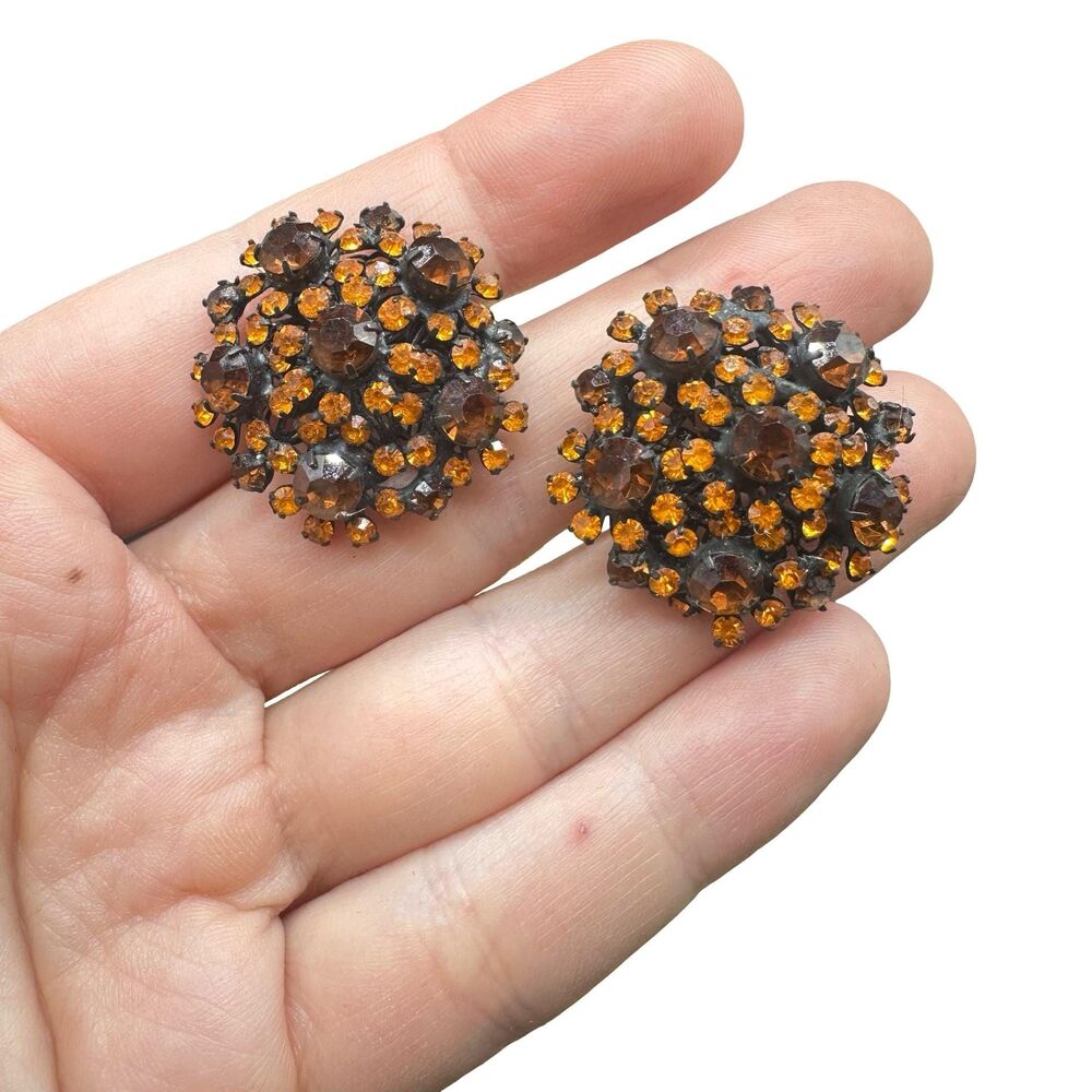 Vintage Vendome Orange Rhinestone Clip On Earrings